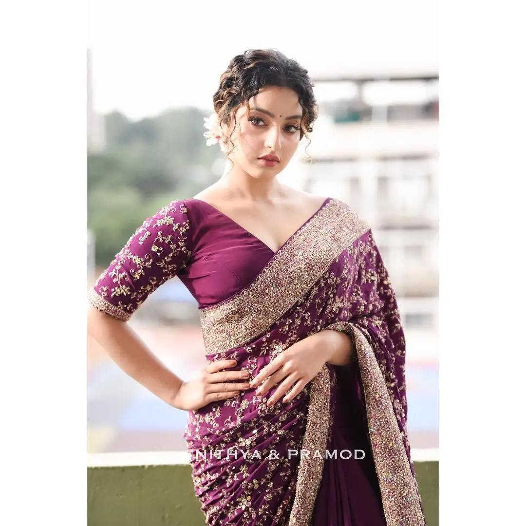 Malayalam Actress Malavika Menon In Violet Saree Blouse